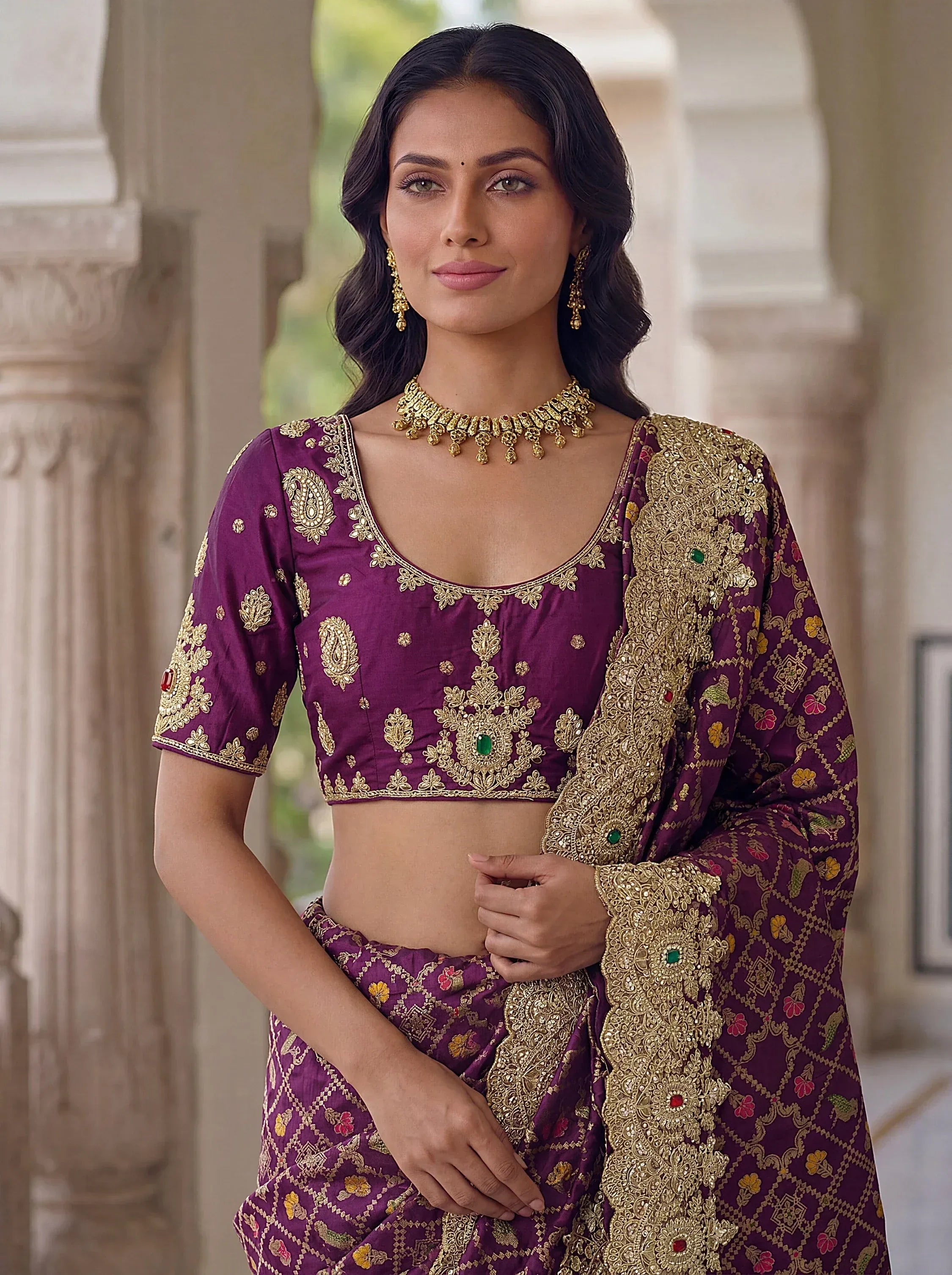 Glorious Purple Heavy Bordered Silk Function Wear Saree With Blouse