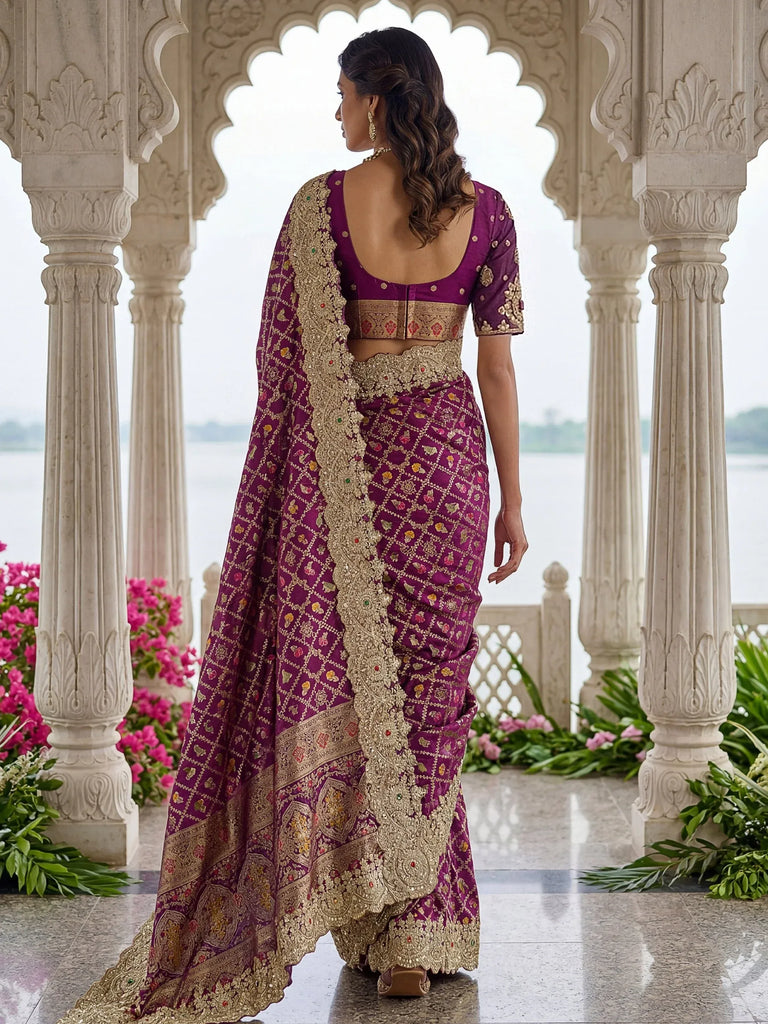 Glorious Purple Heavy Bordered Silk Function Wear Saree With Blouse