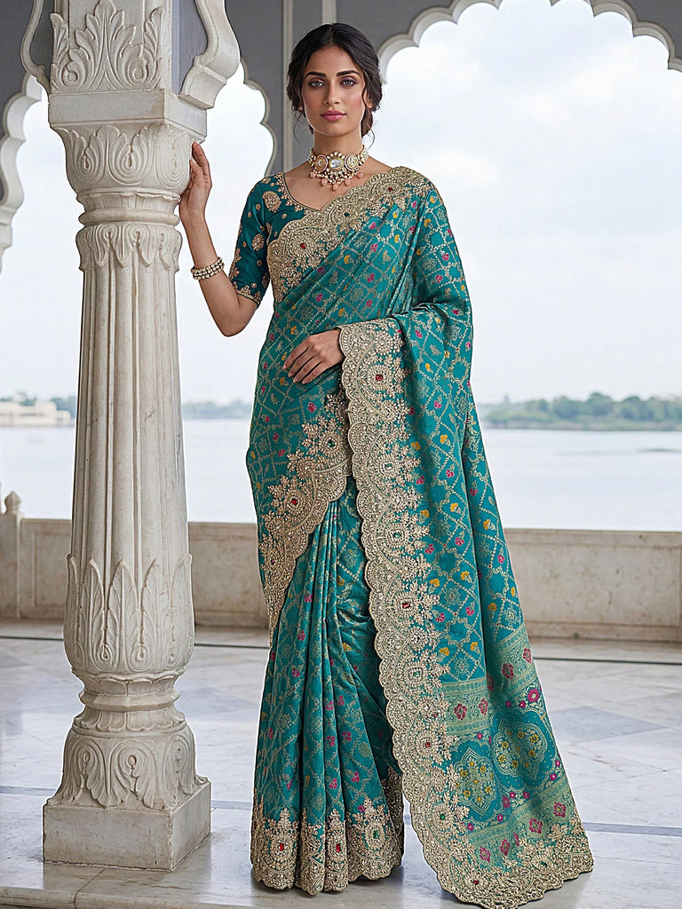Alluring Teal Green Zari Weaving Silk Event Wear Saree With Blouse