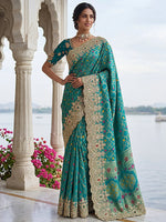Alluring Teal Green Zari Weaving Silk Event Wear Saree With Blouse