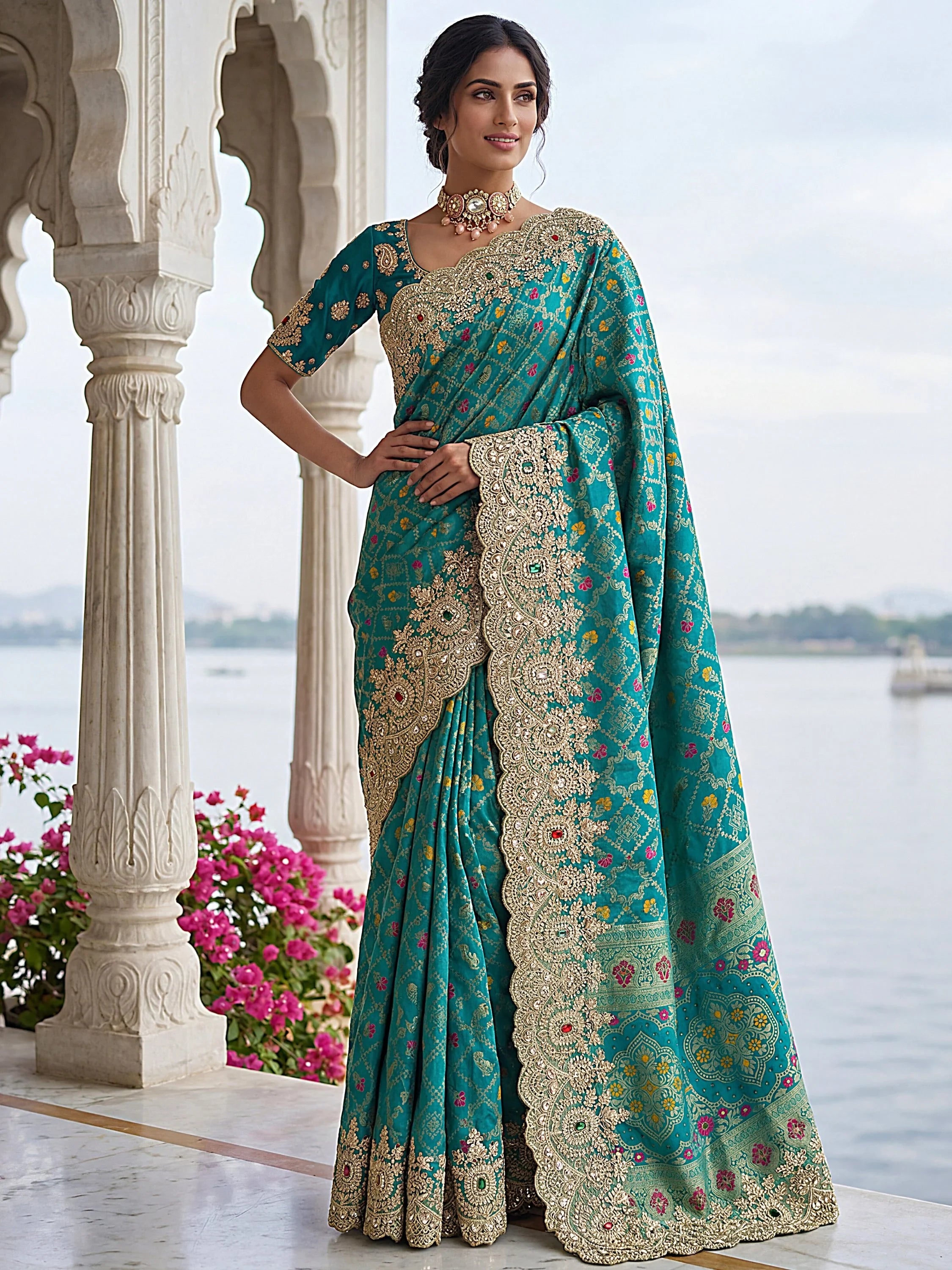 Alluring Teal Green Zari Weaving Silk Event Wear Saree With Blouse