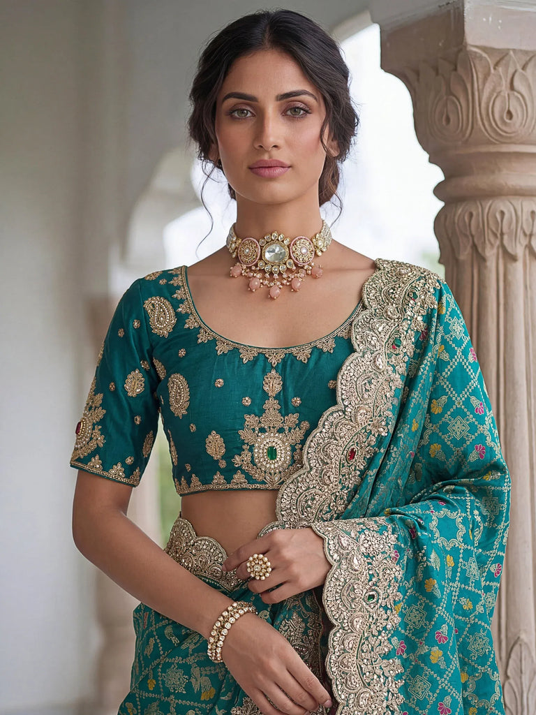 Alluring Teal Green Zari Weaving Silk Event Wear Saree With Blouse
