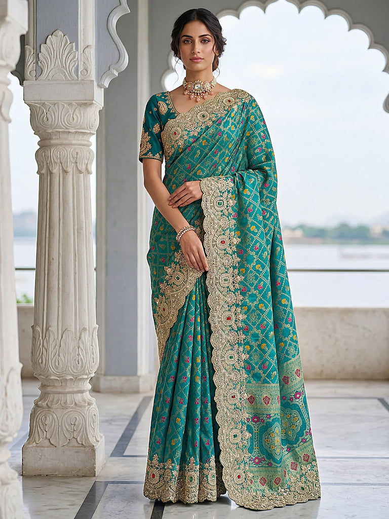 Alluring Teal Green Zari Weaving Silk Event Wear Saree With Blouse