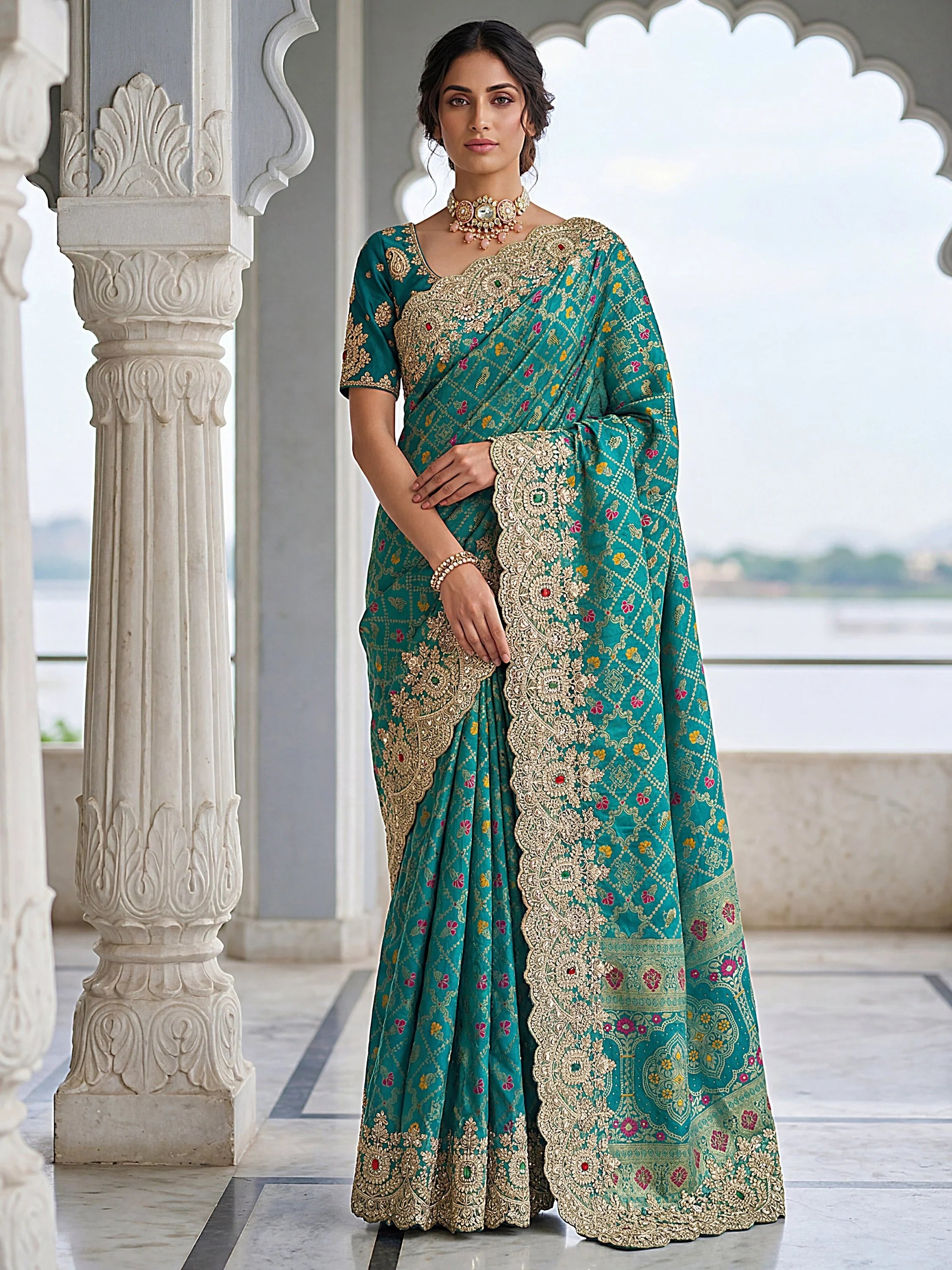 Alluring Teal Green Zari Weaving Silk Event Wear Saree With Blouse