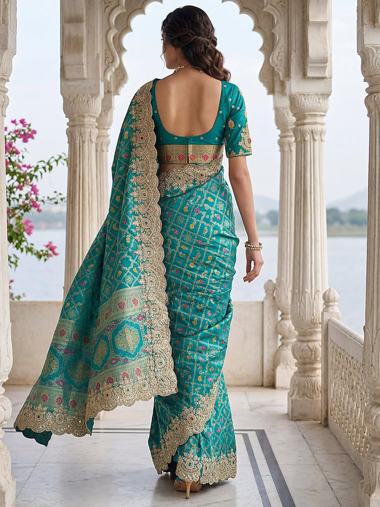 Alluring Teal Green Zari Weaving Silk Event Wear Saree With Blouse