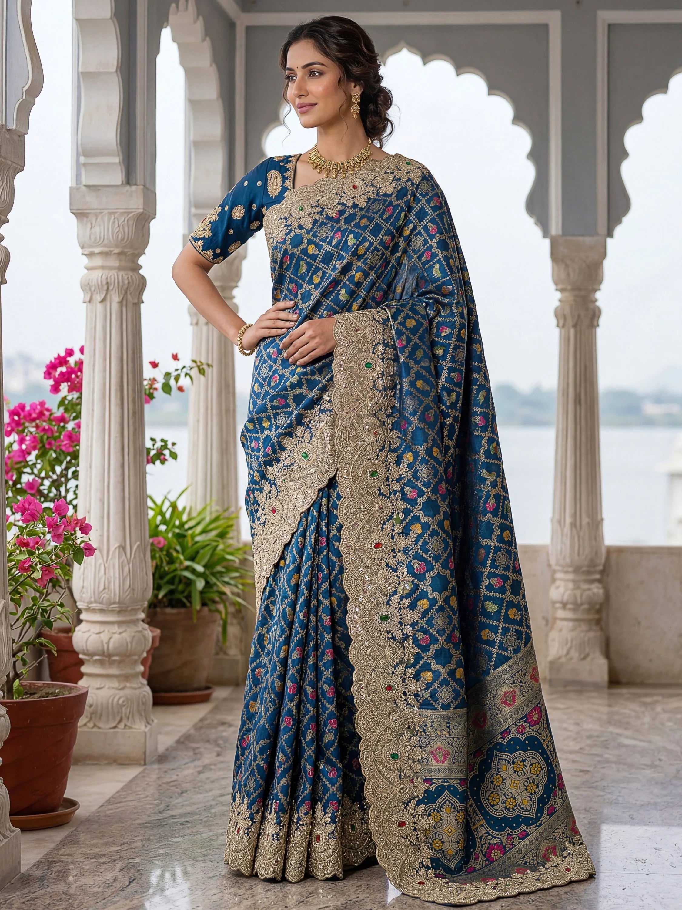 Awesome Navy Blue Dori Embroidery Silk Wedding Wear Saree With Blouse