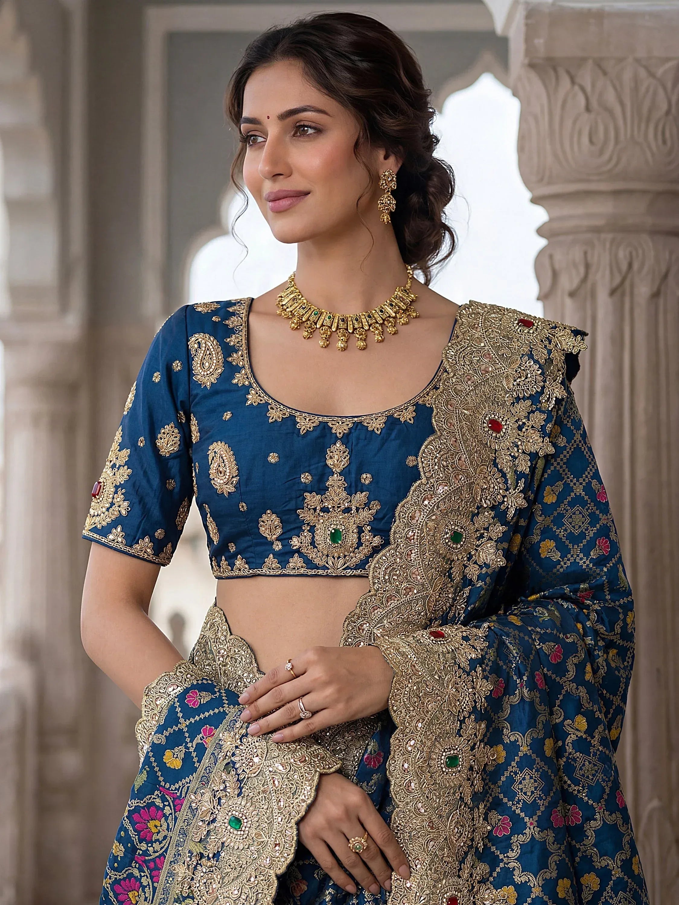 Awesome Navy Blue Dori Embroidery Silk Wedding Wear Saree With Blouse