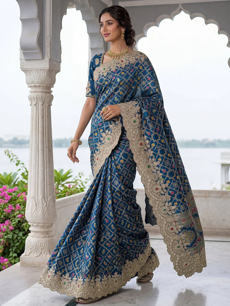 Awesome Navy Blue Dori Embroidery Silk Wedding Wear Saree With Blouse