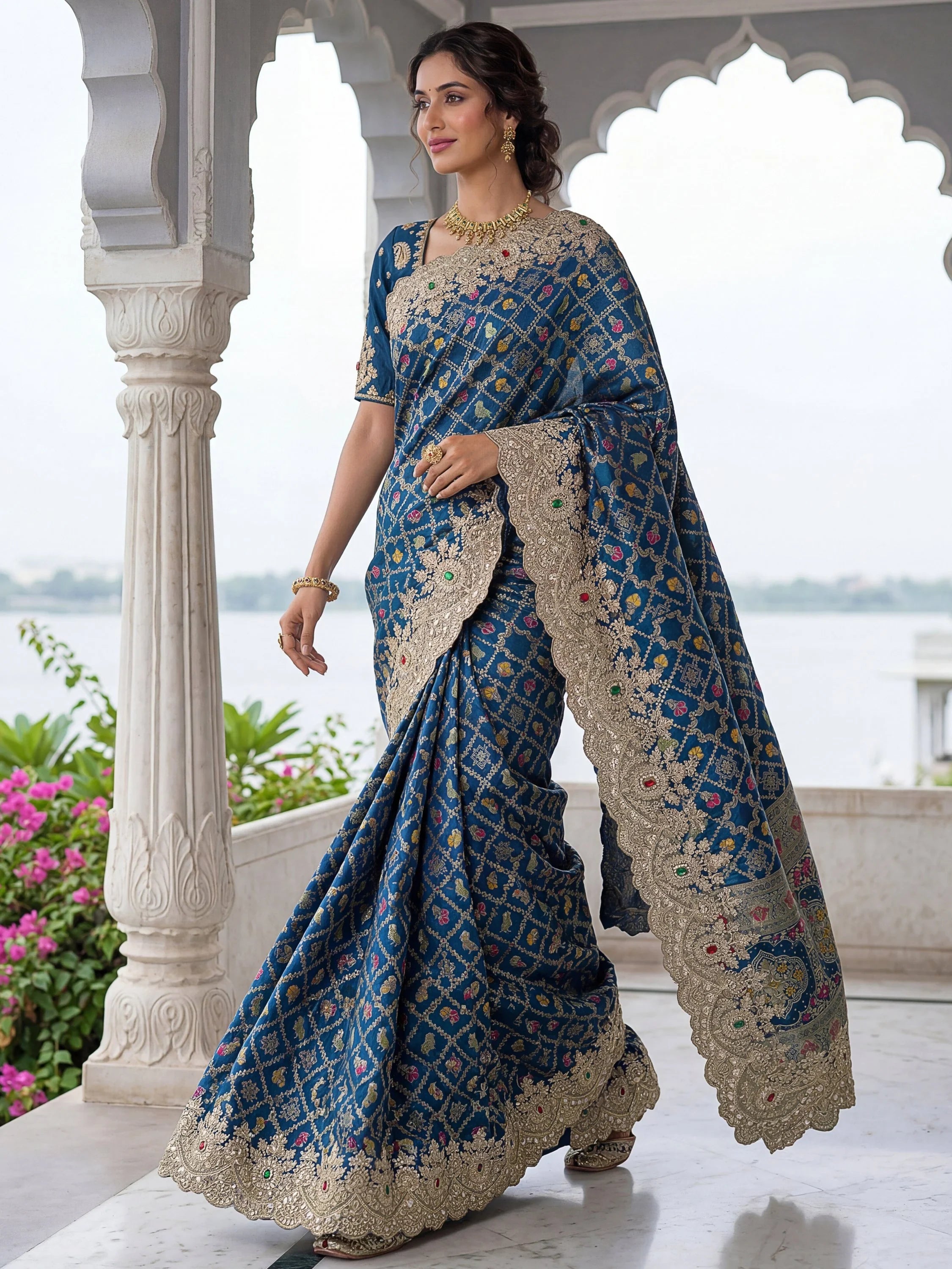 Awesome Navy Blue Dori Embroidery Silk Wedding Wear Saree With Blouse