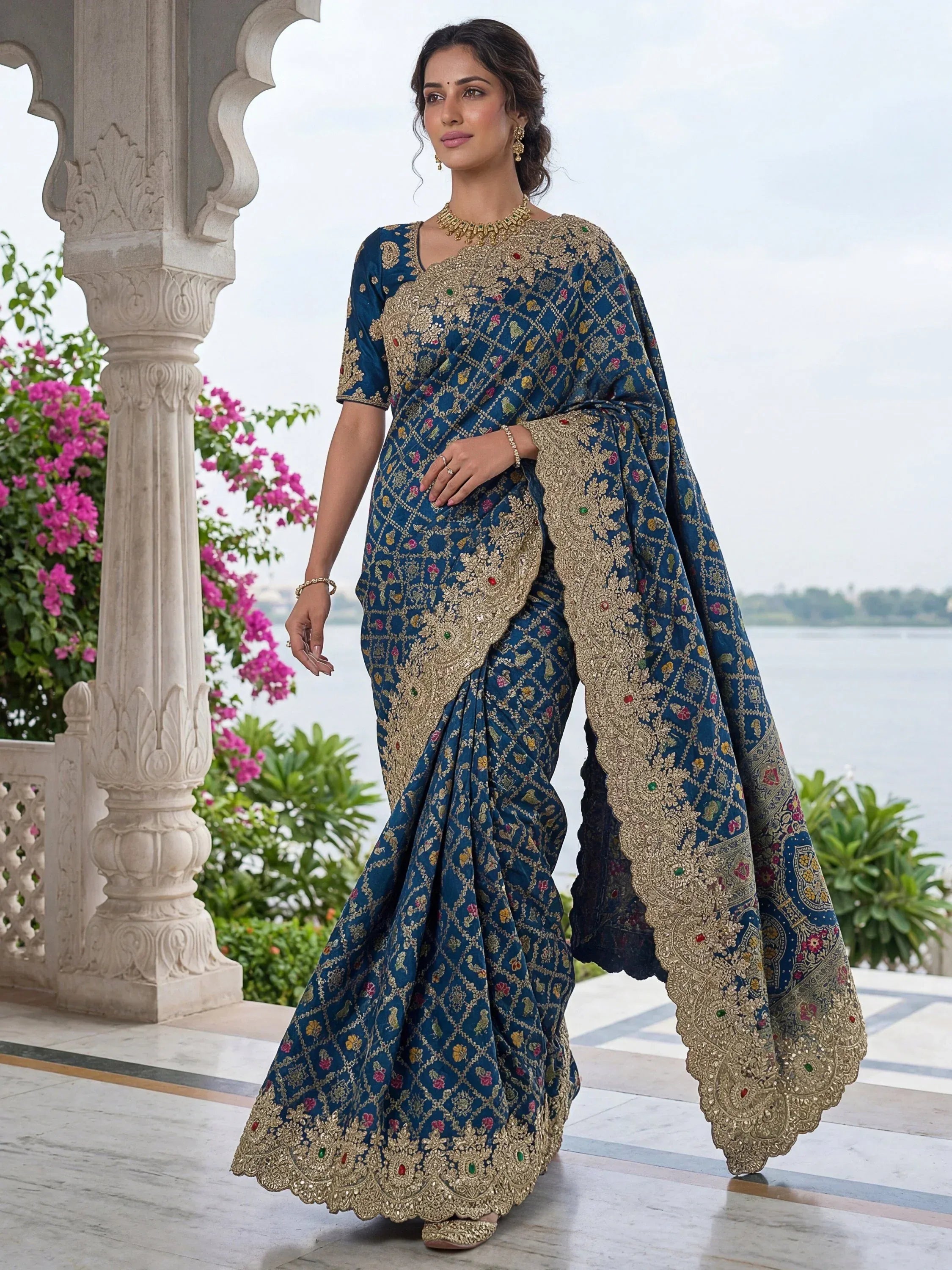 Awesome Navy Blue Dori Embroidery Silk Wedding Wear Saree With Blouse