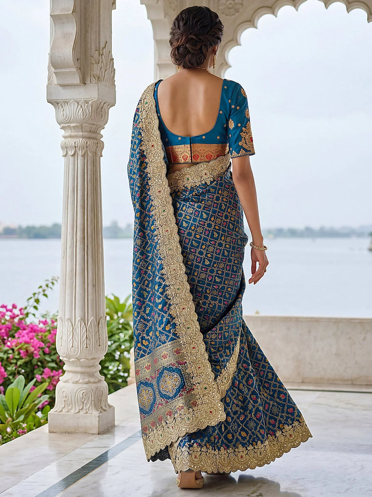 Awesome Navy Blue Dori Embroidery Silk Wedding Wear Saree With Blouse