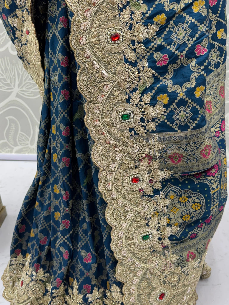Awesome Navy Blue Dori Embroidery Silk Wedding Wear Saree With Blouse