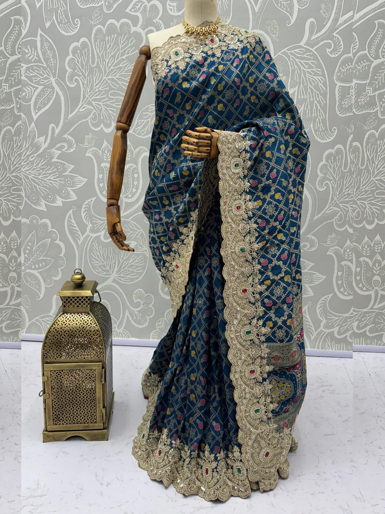 Awesome Navy Blue Dori Embroidery Silk Wedding Wear Saree With Blouse