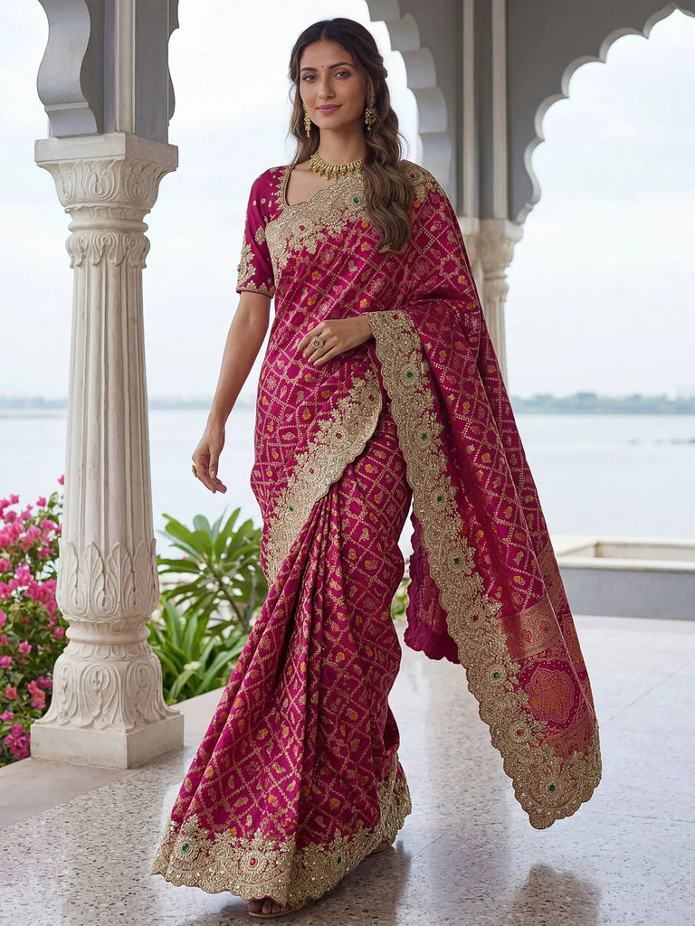 Lovely Rani Pink Border Work Silk Bridal Wear Saree With Blouse