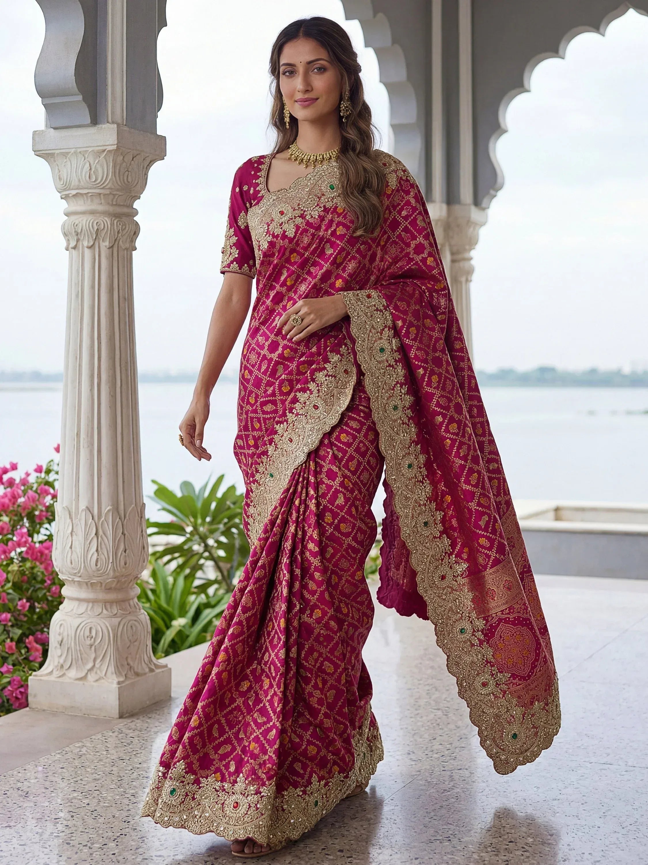 Lovely Rani Pink Border Work Silk Bridal Wear Saree With Blouse