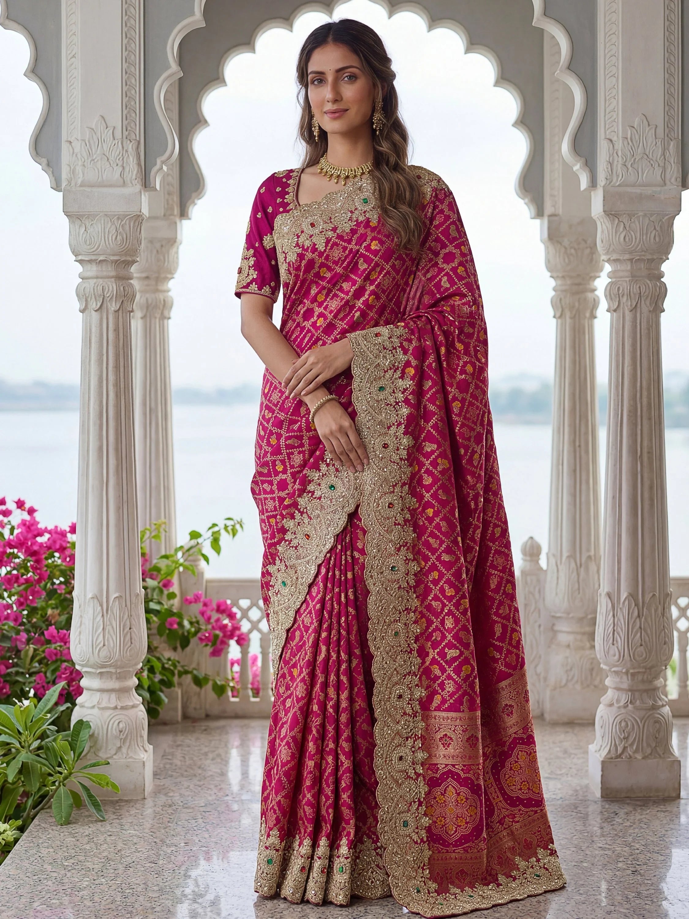 Lovely Rani Pink Border Work Silk Bridal Wear Saree With Blouse