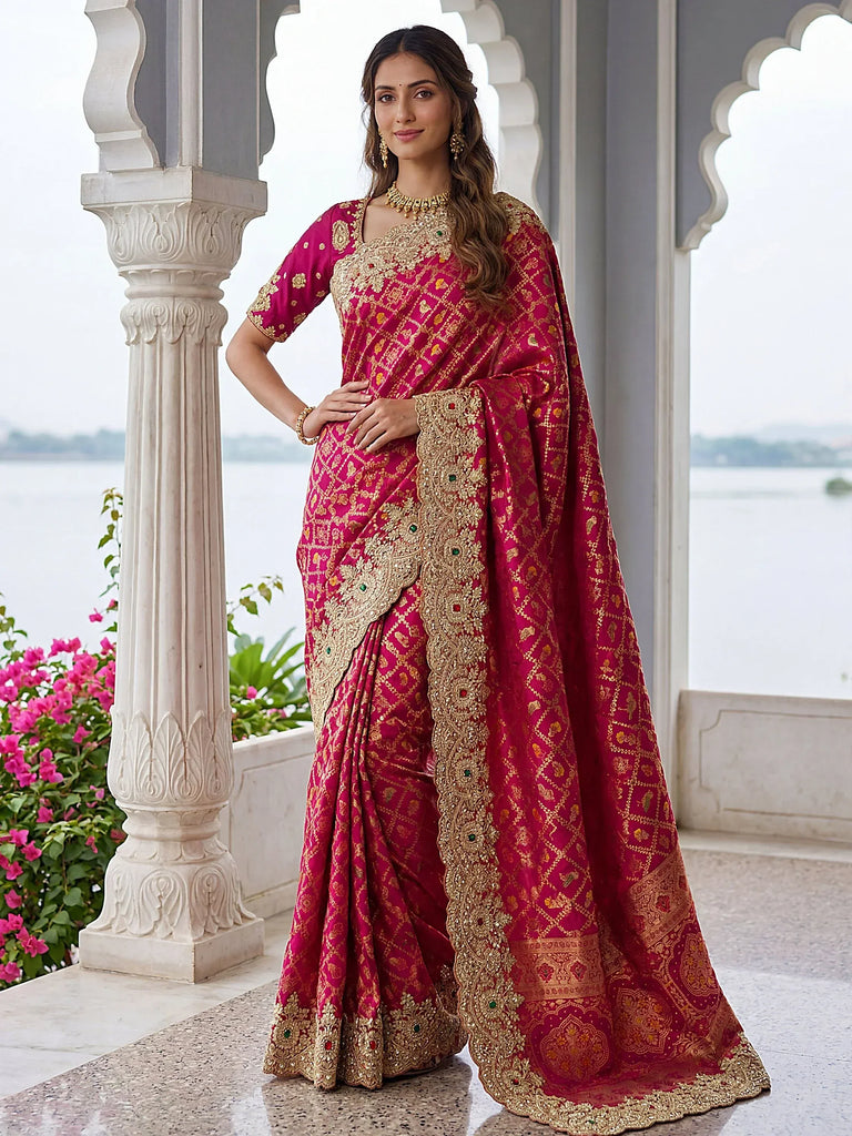 Lovely Rani Pink Border Work Silk Bridal Wear Saree With Blouse