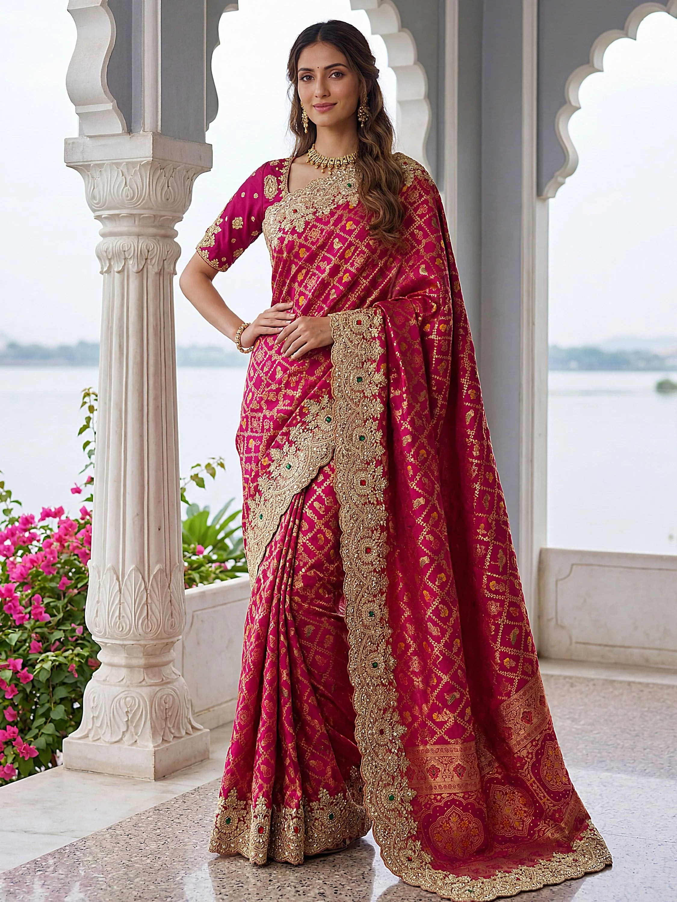 Lovely Rani Pink Border Work Silk Bridal Wear Saree With Blouse