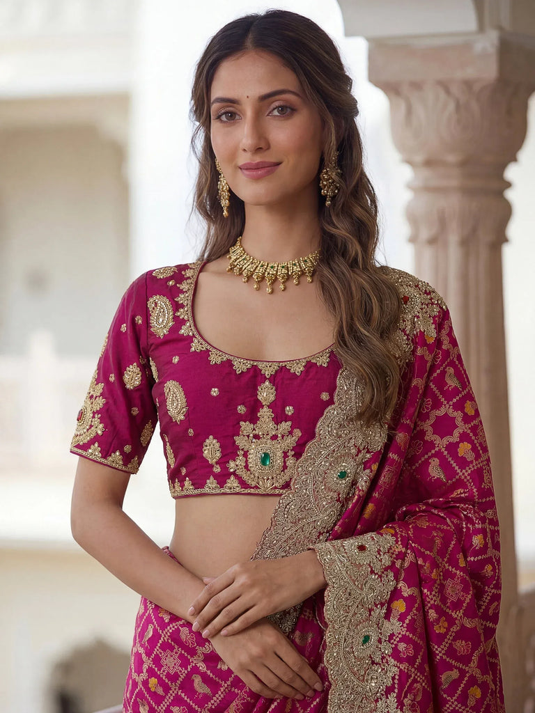 Lovely Rani Pink Border Work Silk Bridal Wear Saree With Blouse