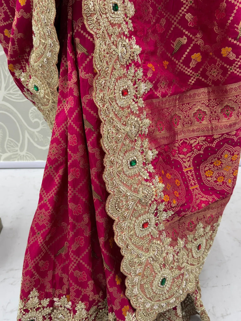 Lovely Rani Pink Border Work Silk Bridal Wear Saree With Blouse