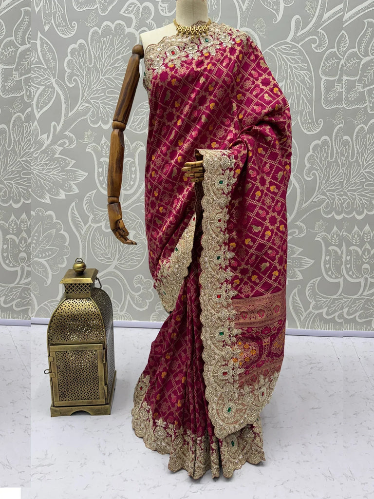 Lovely Rani Pink Border Work Silk Bridal Wear Saree With Blouse