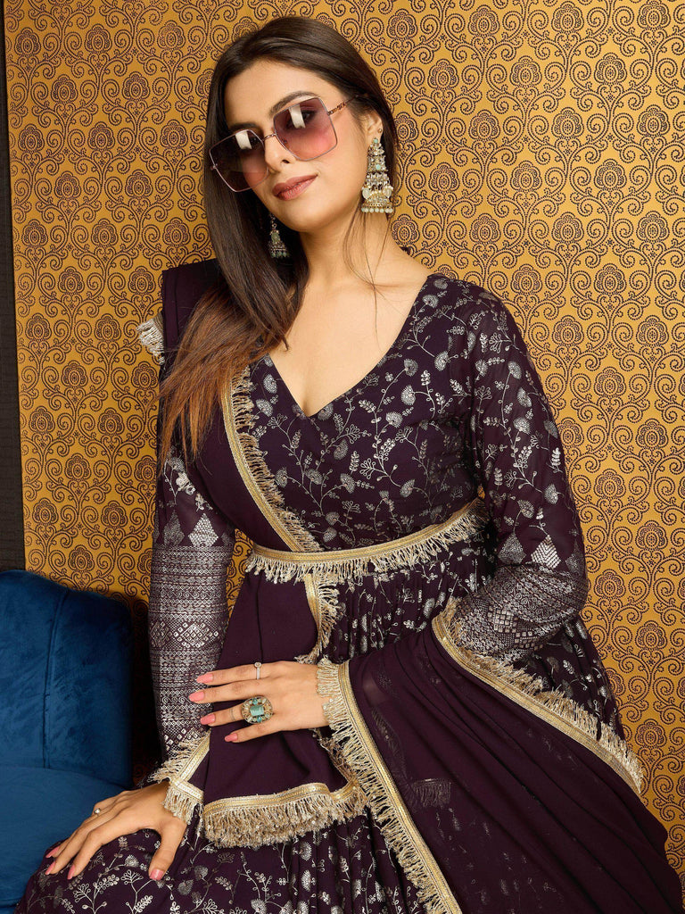 Outstanding Wine Foil Work Georgette Function Wear Gown With Dupatta
