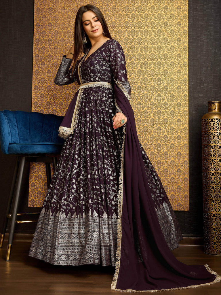Outstanding Wine Foil Work Georgette Function Wear Gown With Dupatta