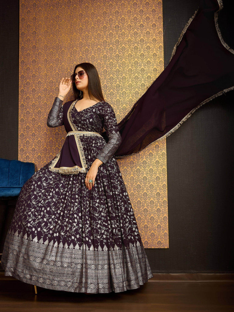 Outstanding Wine Foil Work Georgette Function Wear Gown With Dupatta