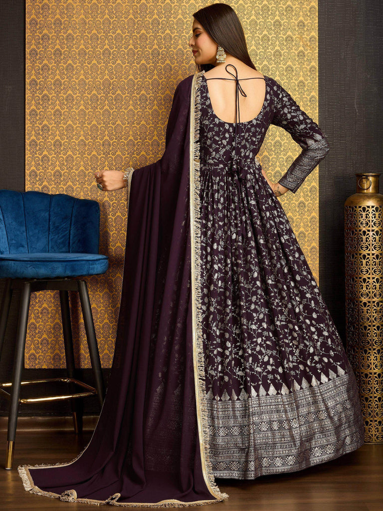 Outstanding Wine Foil Work Georgette Function Wear Gown With Dupatta
