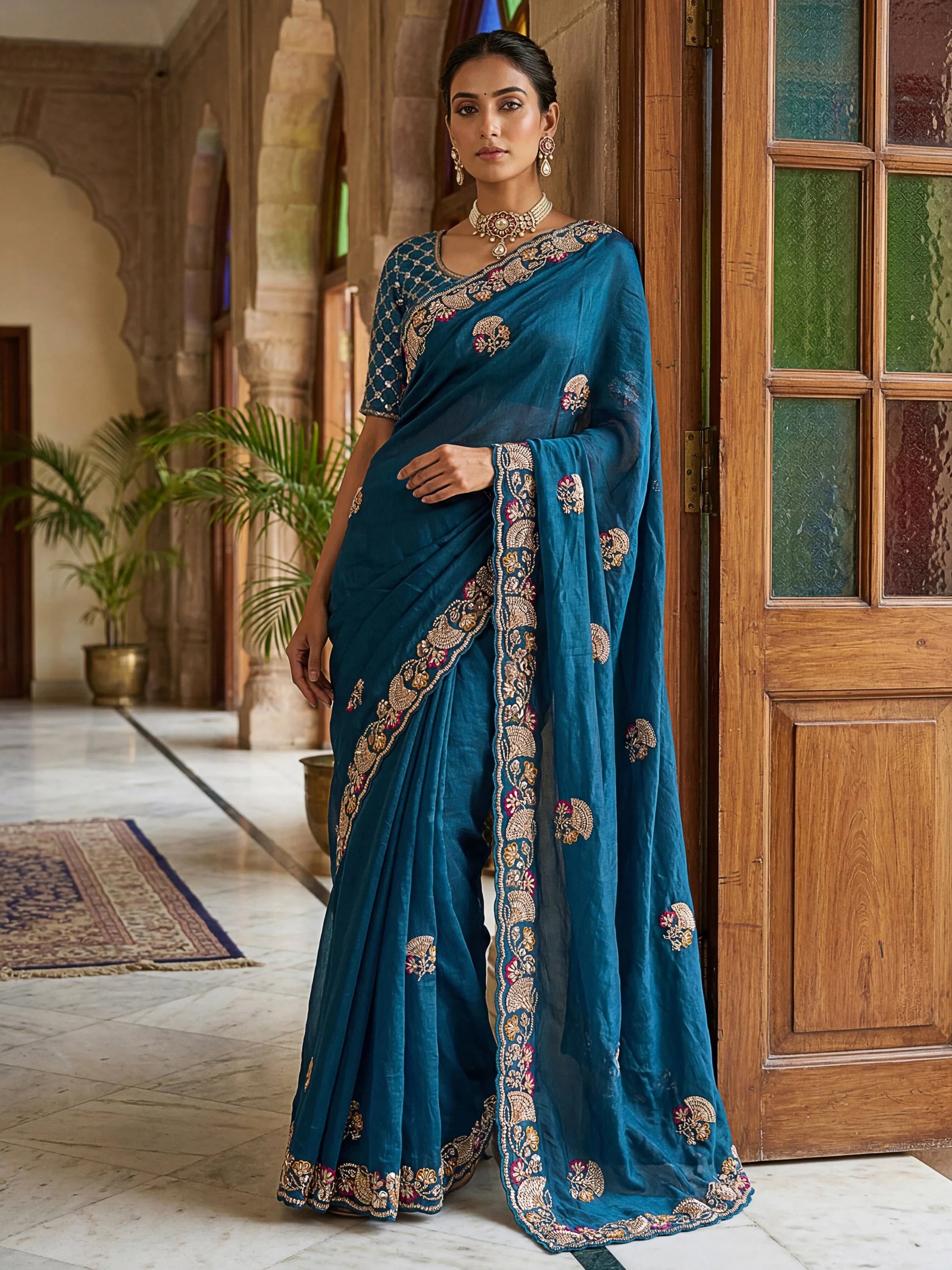 Lavish Teal Blue Bead Embroidery Silk Reception Wear Saree With Blouse