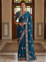Lavish Teal Blue Bead Embroidery Silk Reception Wear Saree With Blouse