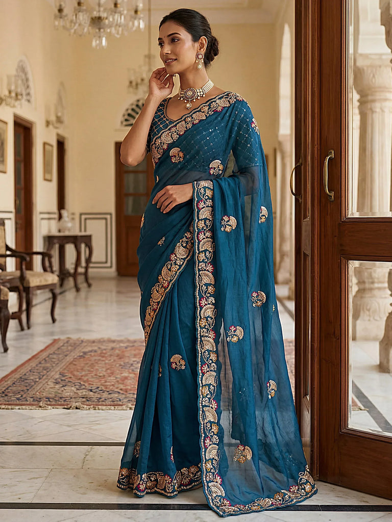 Lavish Teal Blue Bead Embroidery Silk Reception Wear Saree With Blouse