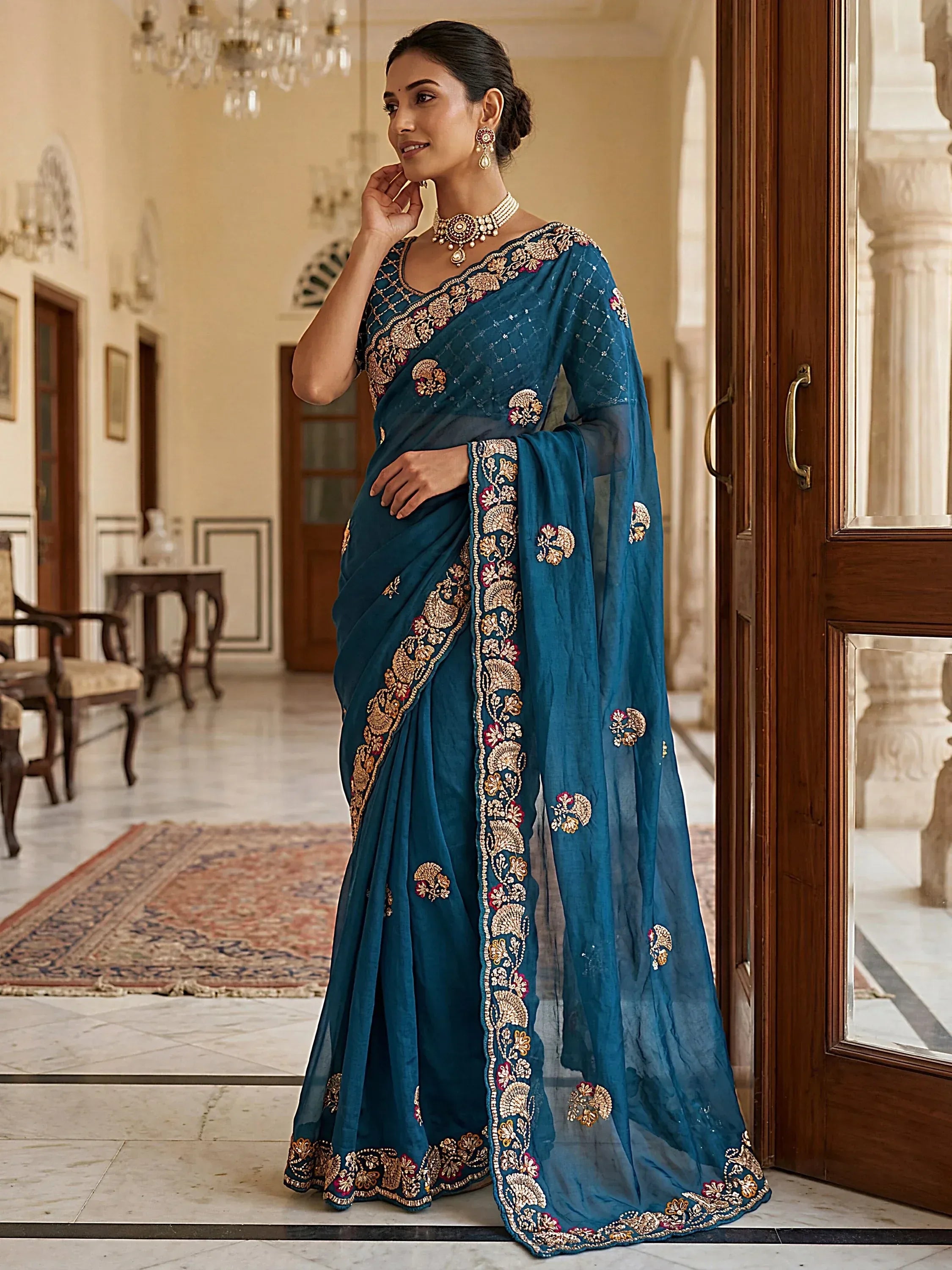 Lavish Teal Blue Bead Embroidery Silk Reception Wear Saree With Blouse