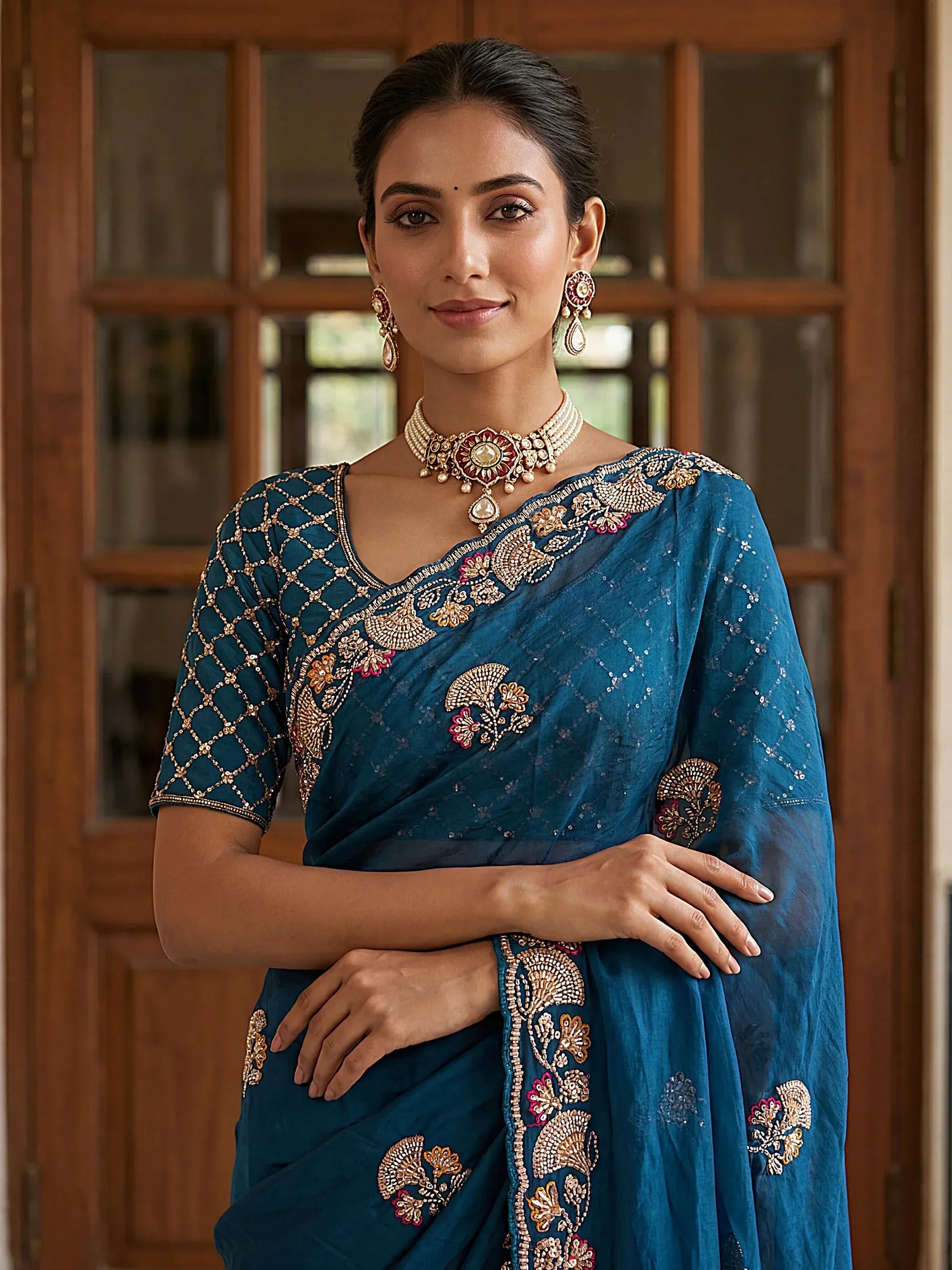 Lavish Teal Blue Bead Embroidery Silk Reception Wear Saree With Blouse