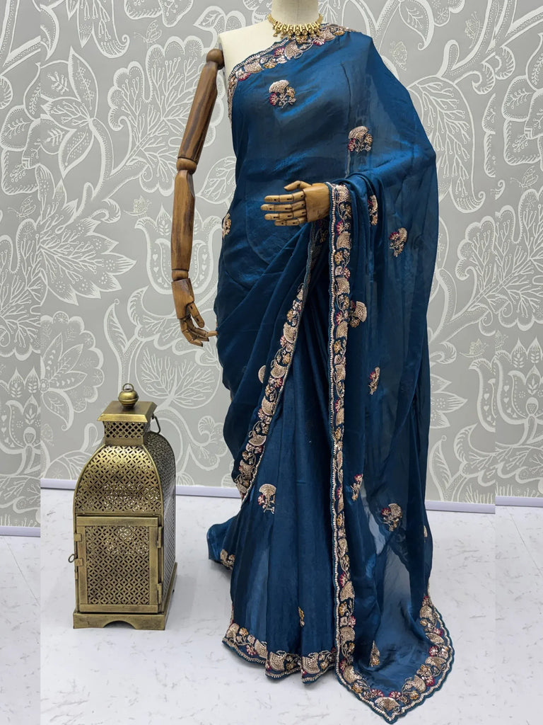 Lavish Teal Blue Bead Embroidery Silk Reception Wear Saree With Blouse