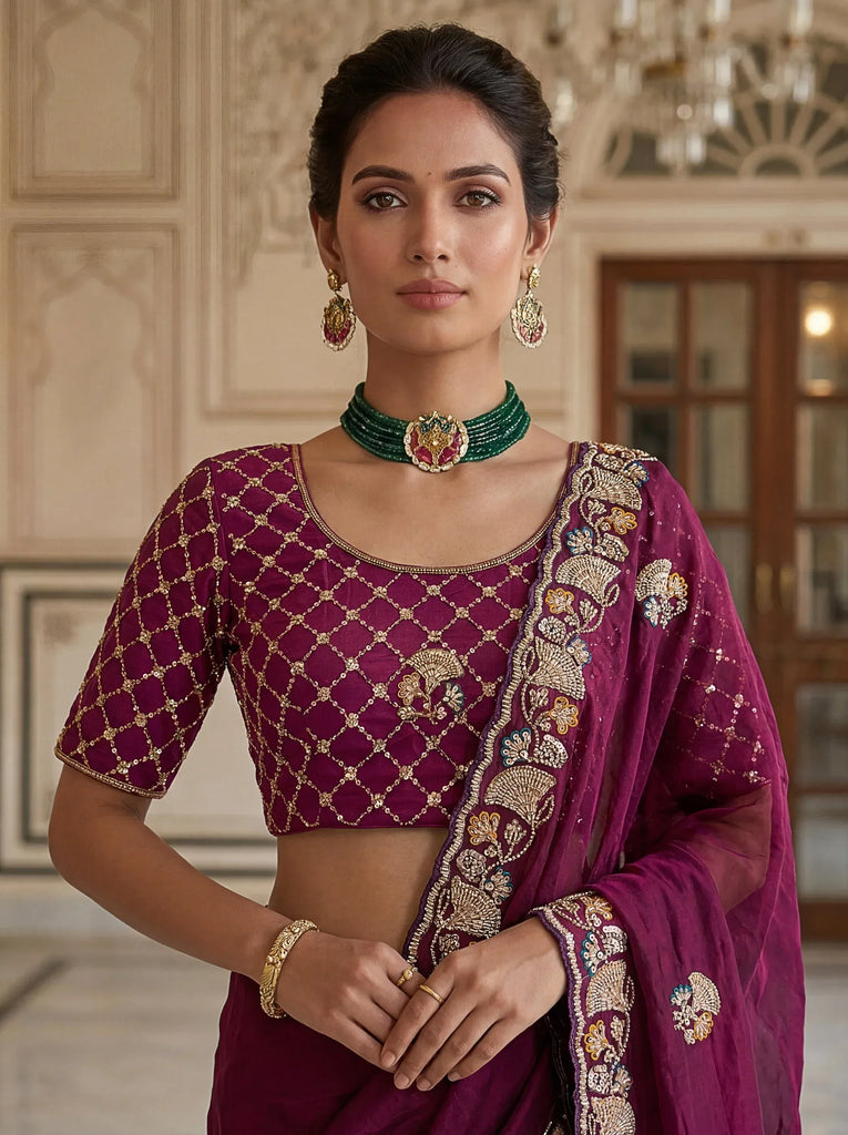 Bewitching Wine Hand Embroidered Silk Designer Saree With Blouse