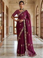Bewitching Wine Hand Embroidered Silk Designer Saree With Blouse