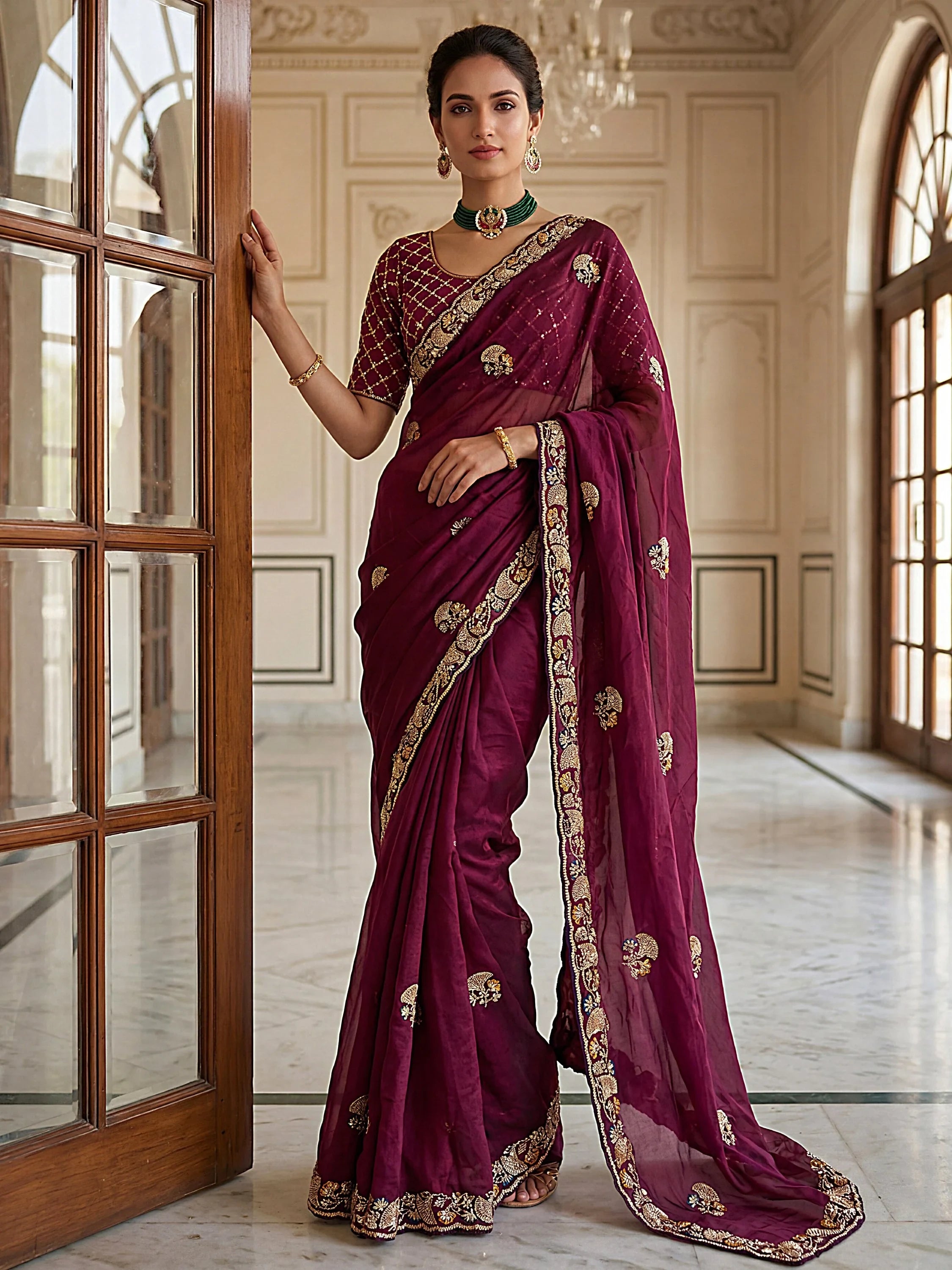 Bewitching Wine Hand Embroidered Silk Designer Saree With Blouse