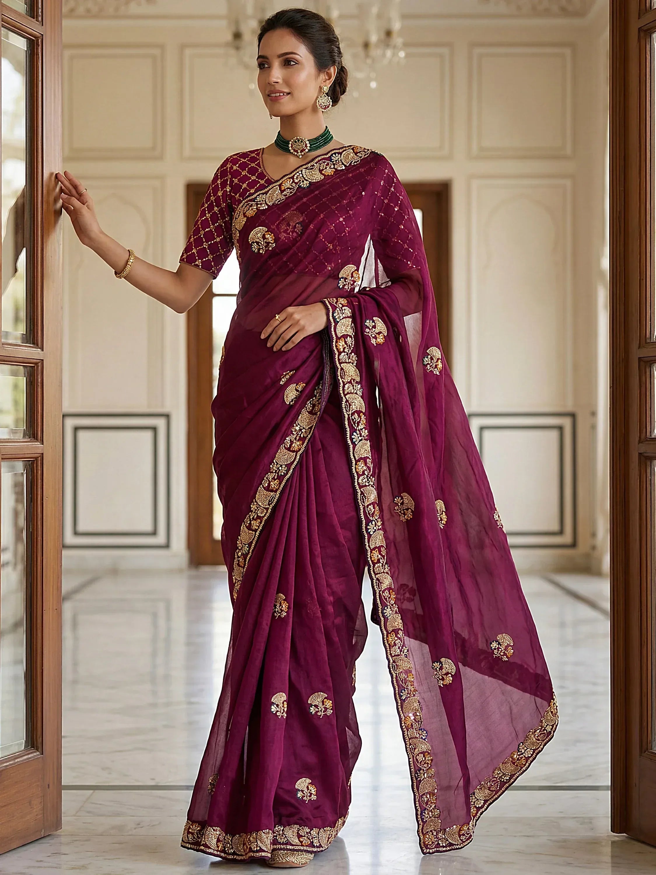 Bewitching Wine Hand Embroidered Silk Designer Saree With Blouse
