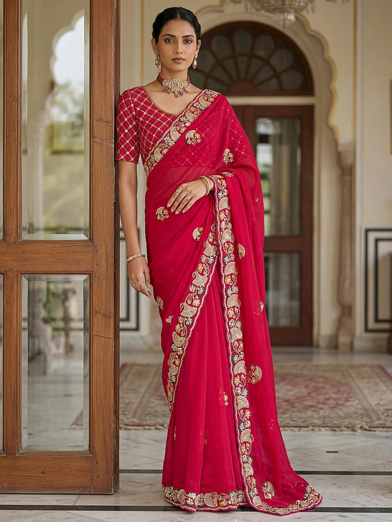 Classic Rani Pink Cutdana Work Silk Bridal Saree With Blouse