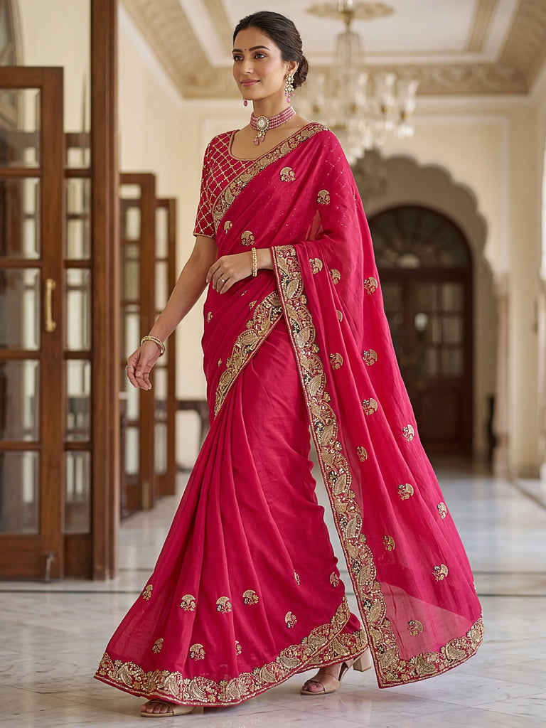 Classic Rani Pink Cutdana Work Silk Bridal Saree With Blouse