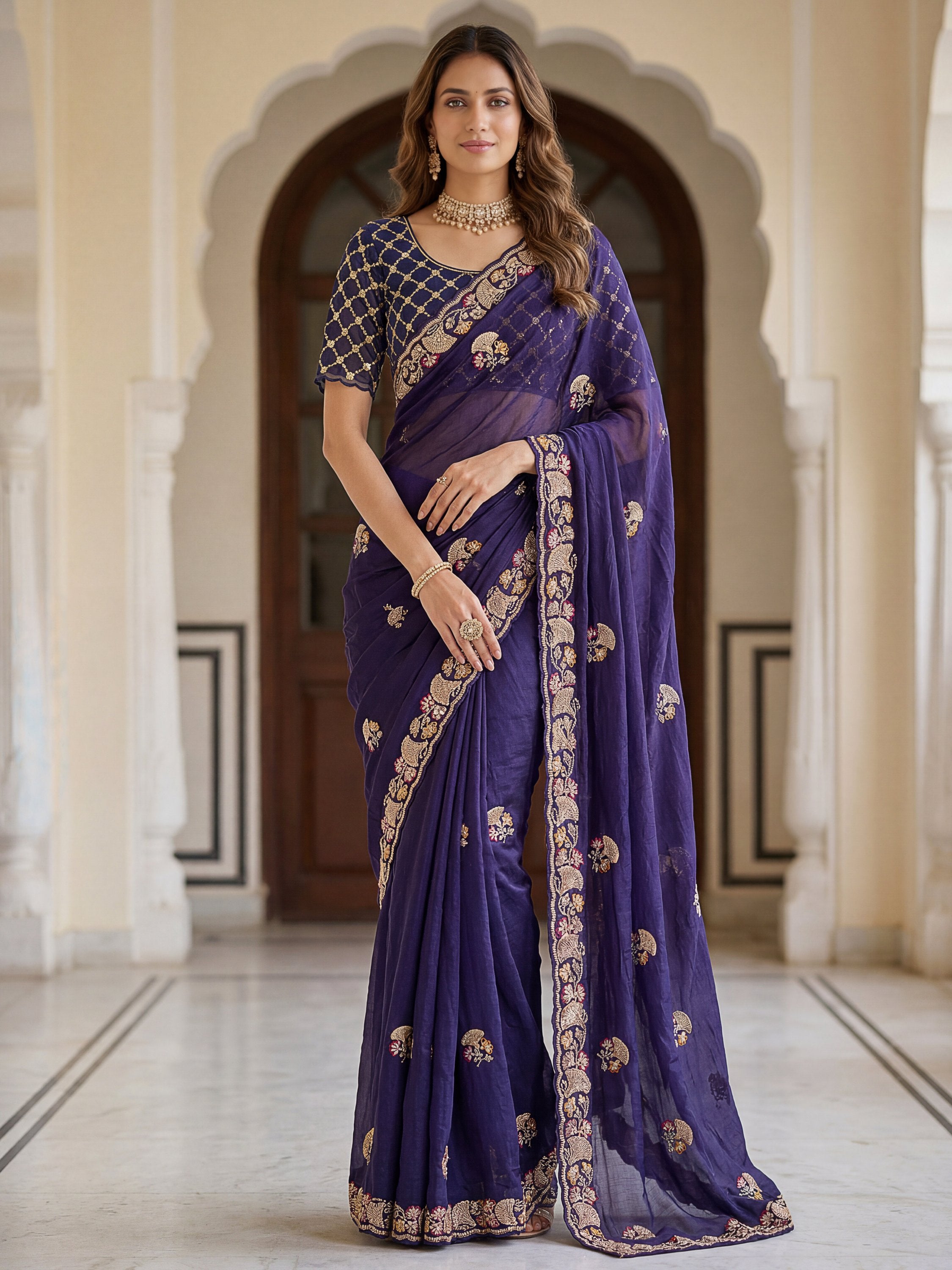 Gorgeous Navy Blue Thread Work Silk Engagement Wear Saree With Blouse