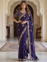 Gorgeous Navy Blue Thread Work Silk Engagement Wear Saree With Blouse