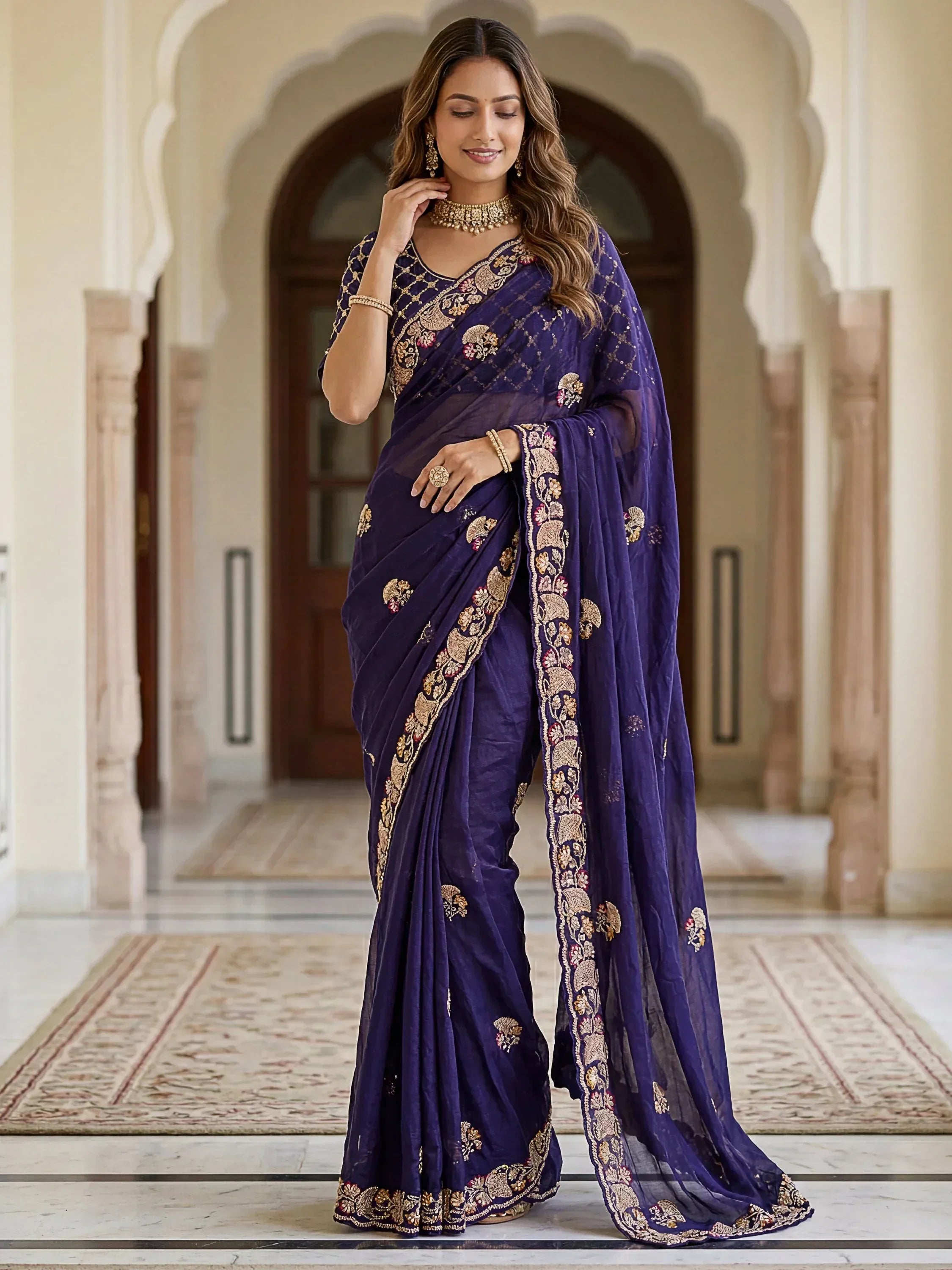 Gorgeous Navy Blue Thread Work Silk Engagement Wear Saree With Blouse