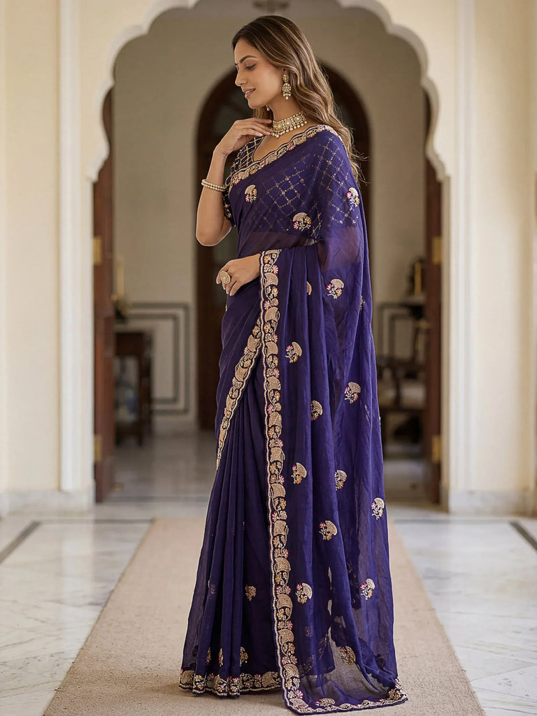 Gorgeous Navy Blue Thread Work Silk Engagement Wear Saree With Blouse