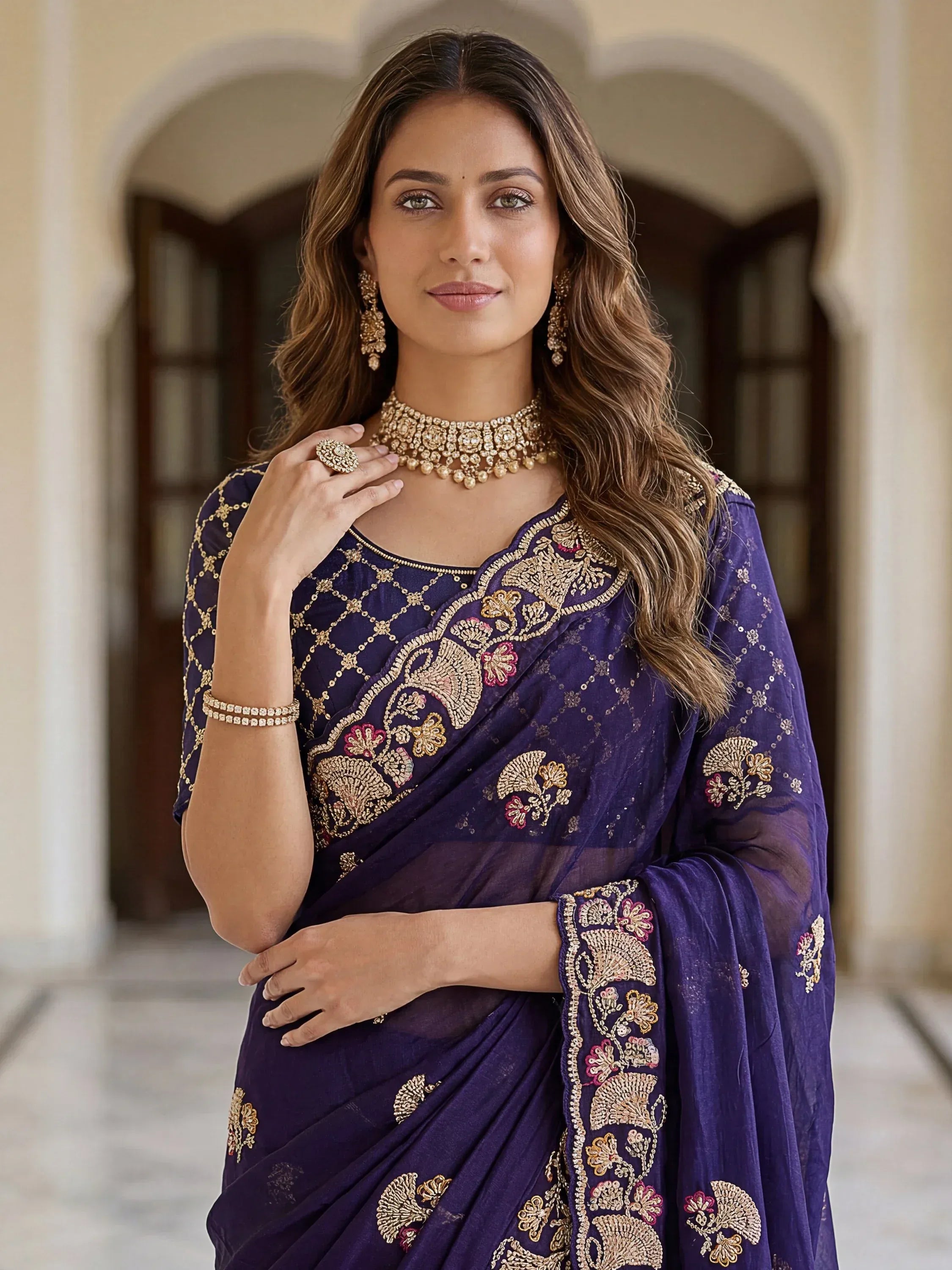 Gorgeous Navy Blue Thread Work Silk Engagement Wear Saree With Blouse