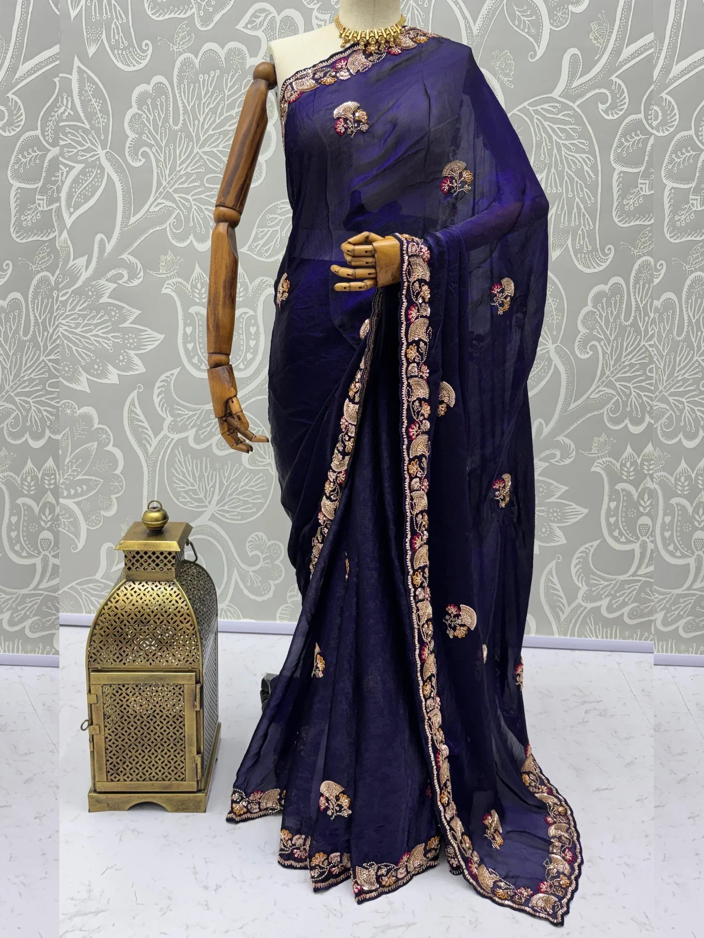 Gorgeous Navy Blue Thread Work Silk Engagement Wear Saree With Blouse