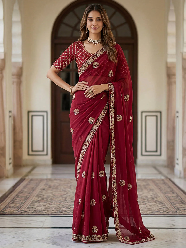 Royal Maroon Hand Work Silk Bridal Saree With Blouse