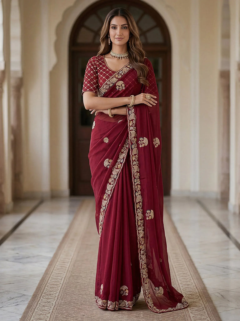 Royal Maroon Hand Work Silk Bridal Saree With Blouse