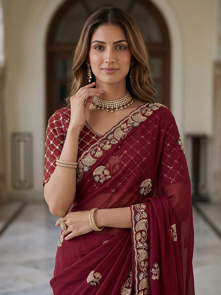 Royal Maroon Hand Work Silk Bridal Saree With Blouse
